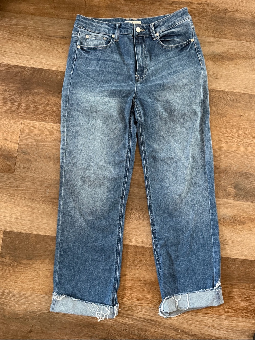 Oat New York Medium Wash Boyfriend Jeans with Cuffed Frayed Hem
